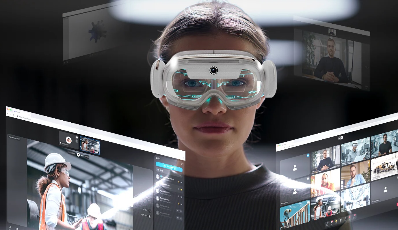 Engineer using AR smart glasses to inspect industrial machinery with holographic overlay